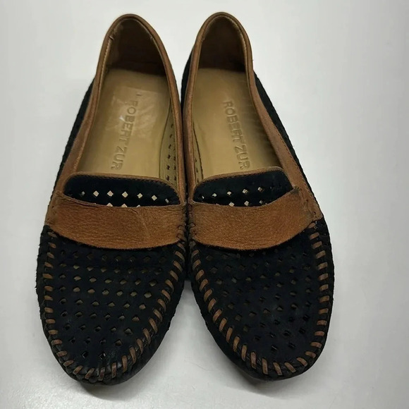 Robert Zur Penny Loafers Slip On Driving Moccasins Shoes Suede Black Tan US 8.5 - Picture 1 of 11